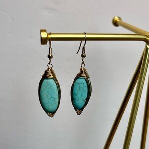 Turquoise Wire Wrapped Dangle Earrings Gold Tone Handmade Style Boho